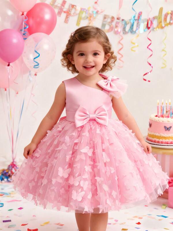 Young Girl 3D Butterfly Mesh Splice Princess Dress, Puffy Skirt