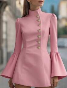 Vestido mini de línea A con cuello alto, mangas abullonadas y decoración de botones para mujer - Mangas de campana rosas - Ver 2
