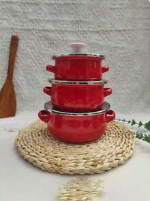 3件套搪瓷炊具套装，加厚双耳搪瓷烹饪锅，适用于燃气和电磁炉，包括带盖汤锅，搪瓷炖锅，搪瓷碗