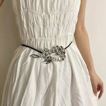 1 Chiếc Thắt Lưng Sắt Hợp Kim Màu Vàng Và Bạc Thắt Lưng Hoa Tulip Vàng Nhỏ Cổ Điển Kèm Váy Và Quần Jeans Trang Trí Dây Da Đen Dây Xích Eo Mỏng Thích Hợp Mặc Hàng Ngày - Vàng - Xem 5