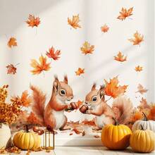 1 Set Autumn Maple Leaf & Squirrel Window Clings, For Thanksgiving, Room, Home Decor, Windows, Autumn Party, Doors, Storefront, Family Gathering, Holiday Celebration, Atmosphere Decoration, Theme Party, Reusable - Multicolor - View 2