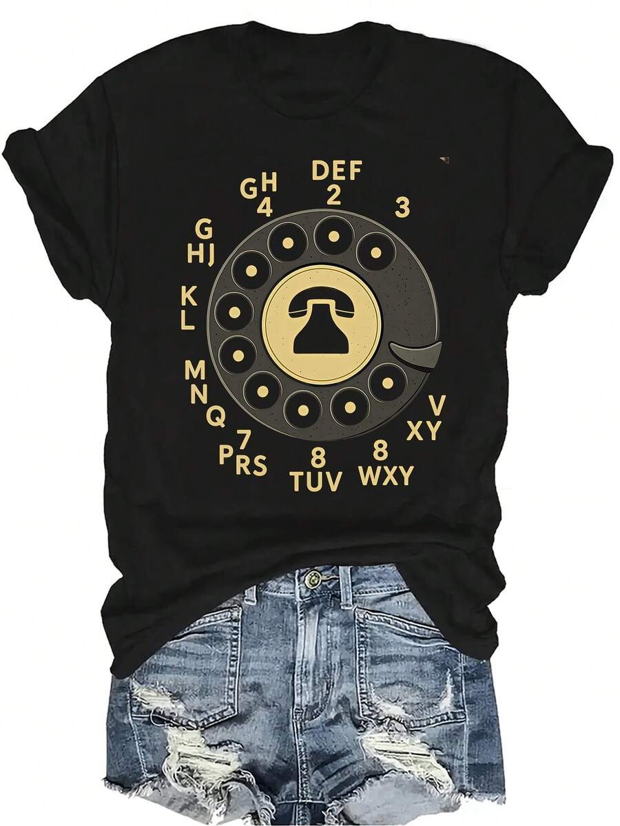 [Camiseta de Moda Casual] Camiseta de mujer suave y cómoda - Camiseta de manga corta de cuello redondo con diseño de disco de teléfono rotativo vintage, regalo perfecto para la abuela y la mamá, uso casual de primavera y verano - Negro - Ver 1