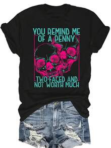 [Camiseta de Moda Casual] Camiseta de mujer suave y cómoda - Diseño de calavera de dos caras Casual de manga corta y cuello redondo, regalo perfecto para la abuela y la mamá, uso casual de primavera y verano - Negro - Ver 1
