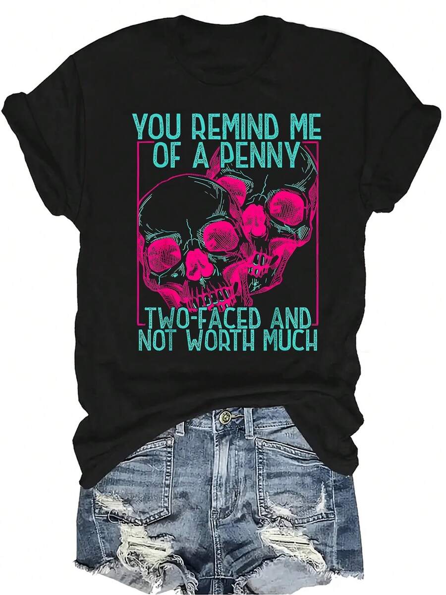 [Camiseta de Moda Casual] Camiseta de mujer suave y cómoda - Diseño de calavera de dos caras Casual de manga corta y cuello redondo, regalo perfecto para la abuela y la mamá, uso casual de primavera y verano - Negro - Ver 1