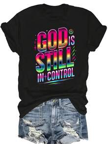 [Camiseta de Moda Casual] Camiseta de Mujer Suave y Cómoda - Dios Todavía Controla Arte Retro Casual de Manga Corta Cuello Redondo, Regalo Perfecto para Abuela y Mamá, Uso Casual de Primavera y Verano - Negro - Ver 1