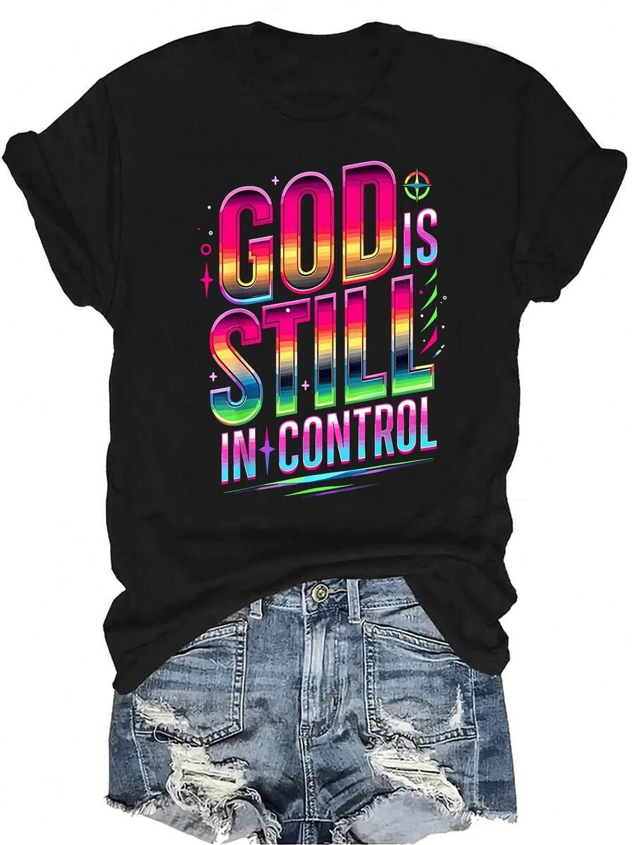 [Camiseta de Moda Casual] Camiseta de Mujer Suave y Cómoda - Dios Todavía Controla Arte Retro Casual de Manga Corta Cuello Redondo, Regalo Perfecto para Abuela y Mamá, Uso Casual de Primavera y Verano - Negro - Ver 1