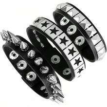 Eigso 3 Pcs Leather Punk Bracelets Men Women Of Rock Rivet Wrap Retro Spike Bracelet Adjustable - 黑色-3 - 查看 12
