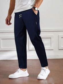 Pantalones de hombre de verano de cintura con cordón y pierna entallada, otoño - Azul Marino - Ver 1