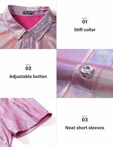 Mens Sequin Top 70s Outfit Disco Rave Party Collared T-Shirt Short Sleeve Breathable Metallic Shirthalloween - Pink - View 4