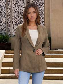 Women's Blazer Jacket Long Sleeve Turn Down Collar Solid Color Cardigan Button Jacket For Casual Formal Occasions - Brown - View 3