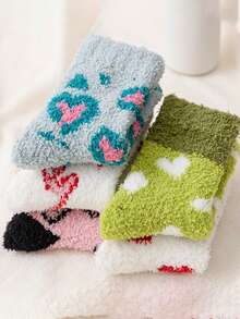 5 Pairs Coral Fleece Slipper Socks For Women, Cute Half Plush Heart Design, Warm Thick Mid-Calf Socks For Winter