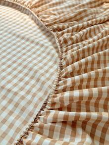 3 件套床上用品，棋盘格图案，柔软舒适，包含 1 件床笠和 2 件枕套，无填充物，适合宿舍、卧室、家庭使用，多种尺寸可选 - 咖色 - 查看 2