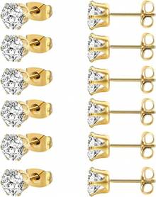 MDFUN 6 Pairs Stud Earrings Sets 3-8MM 18K Gold Plated Round 5A+ Cubic Zirconia Earrings CZ 6 Prong Ears Jewelry Women - 8毫米-黃金 - 查看 12