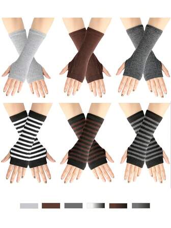 1 Pair Knitted Fingerless Gloves With Striped Arm Warmers, Thumb Hole Design For Men And Women Gifts For Men