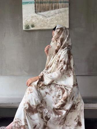 2-delars set elegant minimalistisk bläckblommig morgonrock med huvudduk, avslappnad koftajacka för semester, hem, strand, fest