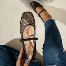 秋冬女士时尚镂空平底鞋，网眼纯色透气一脚蹬平底鞋，玛丽珍鞋 - 黑色 - 查看 8