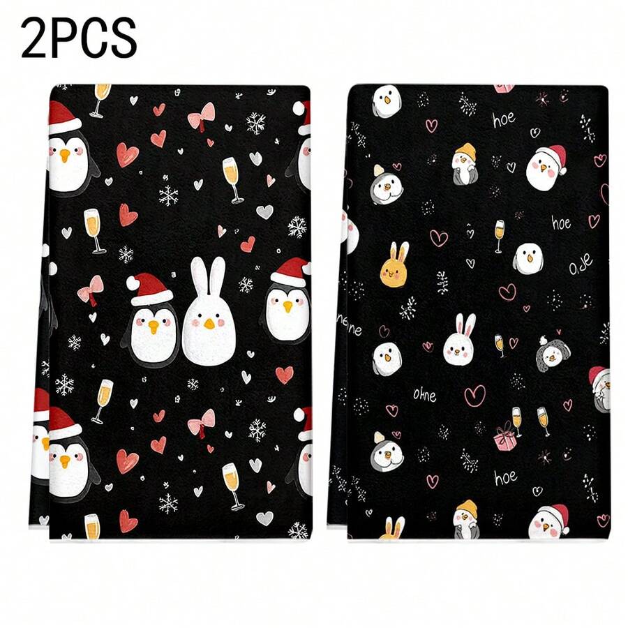 1套/2件/100件厨房毛巾和洗碗布，带有企鹅印花图案，配有圣诞帽，适用于餐厅、厨房、浴室的室内装饰、派对装饰、节日礼物，也可以作为圣诞礼物赠送 - 彩色 - 查看 1