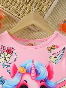 2pcs Girls Clothes Set, Cute Cartoon Unicorn, Flower & Rainbow Print, Girls Gift, Comfortable & Fashionable Long Sleeve T-Shirt, Suitable For Spring & Autumn, Casual Everyday & Outdoor Wear - Multicolor - View 4