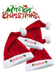 Soft Plush Christmas Hat For Family. Christmas Set For Parents, Children. Embroidered Christmas Hat Decoration.