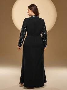 Plus Size Women's Mandarin Collar, Solid Color, Heavy Beaded, Rhinestone Decor, Pearls, Long Mermaid Hem Elegant Long Sleeve Maxi Dress, Suitable For Formal Occasions, Parties, Galas