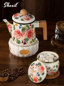 shoxil 1pc Rose Enamel Teapot, Water Bottle, Large Capacity Teapot, Gas Induction Cooker, Universal Desktop Decoration Enamel Teapot