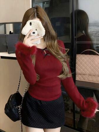 Autumn/Winter Cute & Sexy Solid Hollow Bow Fluffy Patchwork Sleeve Burgundy Women Sweater, Suitable For Christmas, New Year, Outings, Commuting, Dates