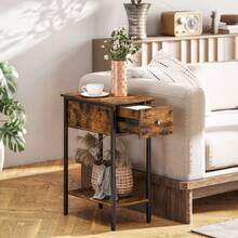Side Table With Open Compartment And Drawer, Bedside Table, Metal Legs, Wood, - 1 - View 3