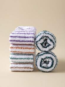 5 Pairs Of New Autumn And Winter Coral Fleece Socks, Non-Pilling, Warm Color Stripes, Anti-Slip Silicone, Thickened Floor Socks, Sleeping Socks