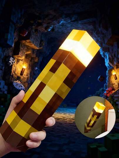 Minecraft 1 Stück Pixel Fackel Schlafzimmer Wohnzimmer dekorative Wandleuchte, Outdoor-Abenteuer Beleuchtung, Minecraft Vier-Farben/Monochrom USB wiederaufladbar, 28 cm Vier-Farben/Gelb Taschenlampe mit Ladekabel, Nachtlicht, dekorative Stimmungsbeleuchtung, Taschenlampe, Schlafzimmer LED Stimmungslicht, Spielzimmer, Flur, Heimdekoration, elektronische Spielgeschenke und Sammlerstücke, Partydekoration, Weihnachtsgeschenke