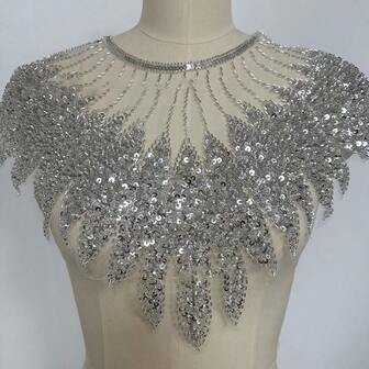 1pc Embroidered Lace Mesh Front Sequin Beaded Decorative Applique, Multi-Color Options, DIY Clothing Accessory