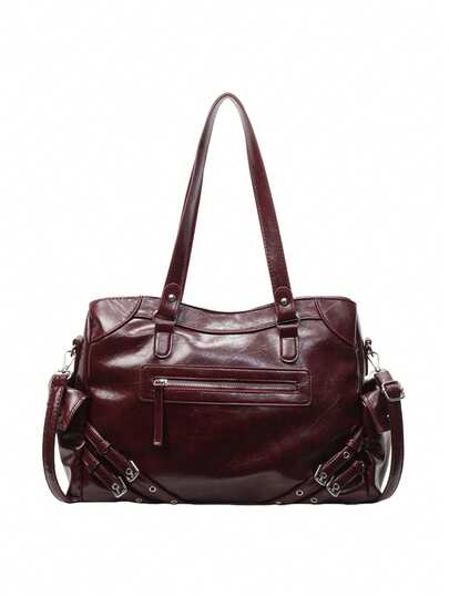 1 Piece Vintage Burgundy Women's Handbag, Studded Large-Capacity Shoulder Bag, Fashionable High-Quality Soft Leather Crossbody Bag. Crafted From Premium PU Fabric, Suitable For Women, College Students, Working Professionals, Career Women, And Moms For Daily Commuting, Shopping, Outings, Gatherings, Office Use, Travel, Leisure, Business Trips, And Shopping Excursions.