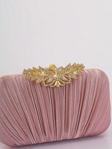 女士时尚水钻装饰翻盖盒晚宴手拿包，适合婚礼、庆典和正式活动，手提包，派对包，高品质褶皱香槟色链条单肩包/斜挎包 - 粉色 - 查看 7