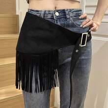 Women's Retro Western Hip Scarf Solid Color Tassel Buckle Triangle Hip Scarves Skirt Belly Dance Costume - 黑色 - 查看 1