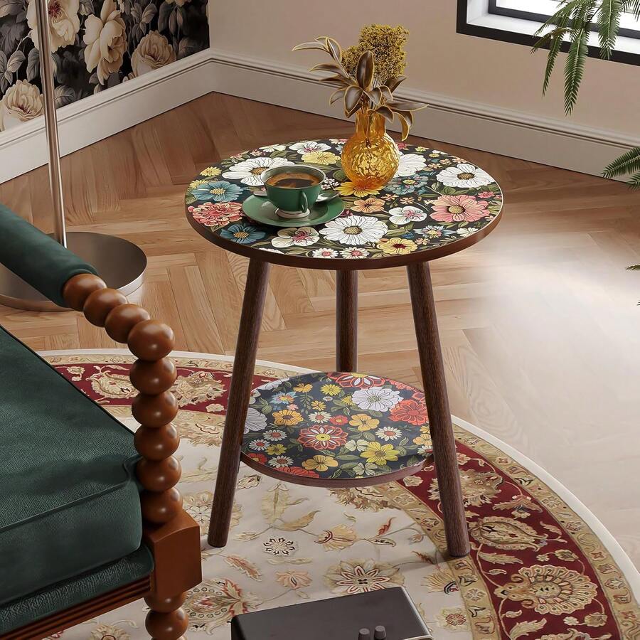 LOVEWE Double-Layer Mandala Pattern Side Table, Retro Mini Decorative Table, Bedside Table Suitable For Small Spaces, Single Plant Shelf, Indoor Round Bedside Table, Suitable For Bedrooms, Terraces, Corner Balconies, Medieval Modern Style Coffee Table - Double-layer Side Table - View 1