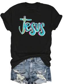 [Camiseta de moda casual] Camiseta suave y cómoda para mujer - Diseño de tipografía artística de Jesús Casual de manga corta y cuello redondo, regalo perfecto para la abuela y la mamá, uso casual de primavera y verano - Negro - Ver 1
