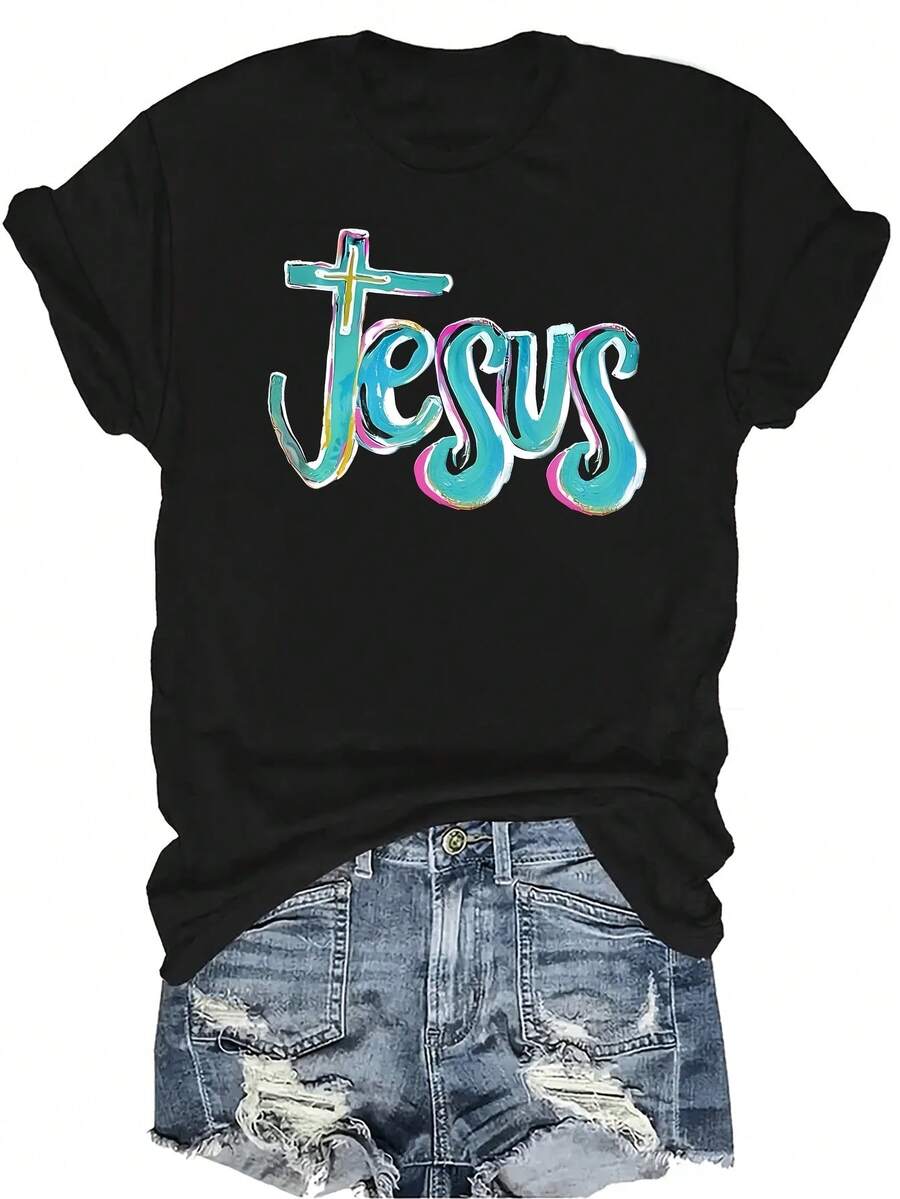 [Camiseta de moda casual] Camiseta suave y cómoda para mujer - Diseño de tipografía artística de Jesús Casual de manga corta y cuello redondo, regalo perfecto para la abuela y la mamá, uso casual de primavera y verano - Negro - Ver 1