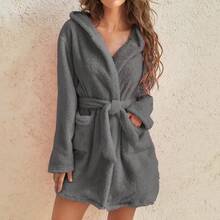2025 New Arrival Hot Selling European & American Imported Autumn/Winter Hooded Plush Sleepwear, Solid Color Warm Bathrobe For Women - Multicolor - View 5