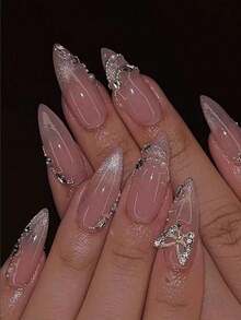24 Pieces Long Almond Shaped Fake Nail Pink Fashionable Dance Butterfly Cat Eye Design Nail Kit With Long Press Nail Suitable For Holiday Wear, Parties, Friends, Dates, Daily Wear Press On Nails Nail Supplies Nails