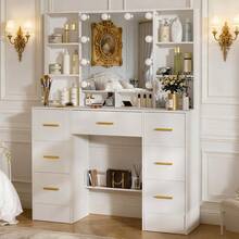 INS Cream Style  Scandinavian Solid Wood LED Makeup Mirror Desk - Dimmable LED Light, Large Drawer With Partition | 1-Piece Workstation For Girly Princess Vibe | Neat Storage For Cosmetics & Skincare | Fresh Aesthetic, In Stock & Fast Shopping - White - View 7
