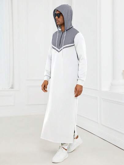 Kamisweat Muslim Men's Long Hooded Sweatshirt, Black And White Color Block Design, Front Zipper, Side Pockets. Slit Hem, Suitable For Vacation And Travel Wear. Thick And Comfortable Fabric, Suitable For Daily Wear.