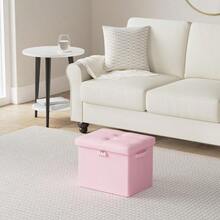 Storage Ottoman Foot Rest Stool With Lock & Handles Fireproof Folding Leather Footstool Bench With Storage  For Living Room Bedroom Home Office Dorm 17x13x13in Pink - 粉色 - 查看 3