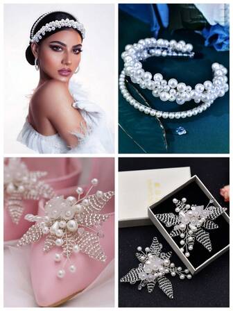 1 套珍珠镶嵌头带和鞋扣组合，优雅的可拆卸鞋扣设计，适合婚礼、宴会和派对，为新娘和伴娘带来非凡的高贵优雅