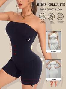 1pc Strapless Drawstring Hem Backless Bodysuit Shorts