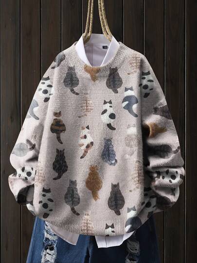 Women's Polyester Ribbed Knit Long Sleeve Pullover Sweater, Featuring Cute Cat Print, Medium Stretch Fabric