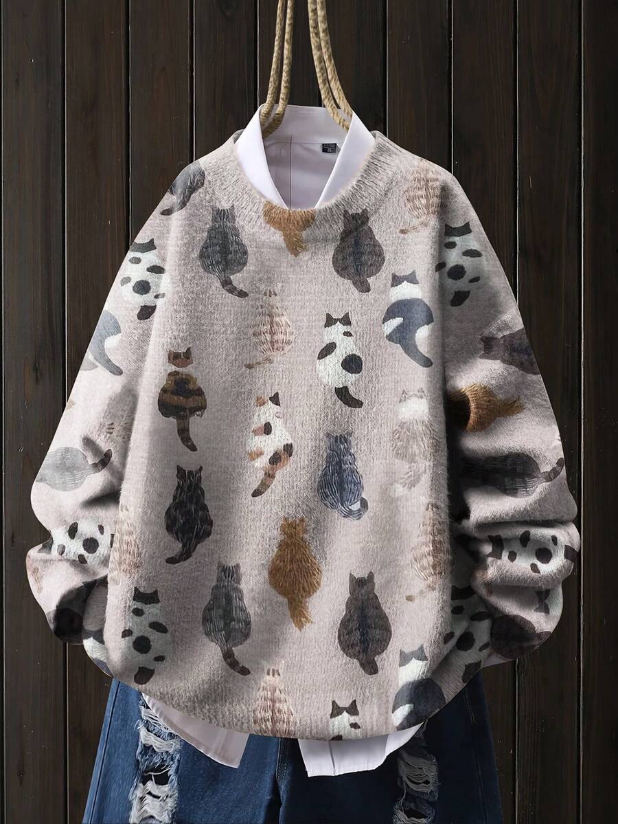 女式涤纶罗纹针织长袖套头衫，可爱猫咪印花，中等弹力面料