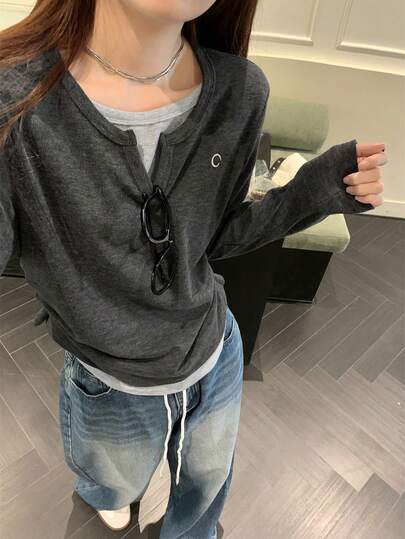 Contrast Color Letter Embroidery 2 In 1/Deconstructed Waist Gathering/Waist Pleated Everyday Long Sleeve Women T-Shirt, Spring & Autumn