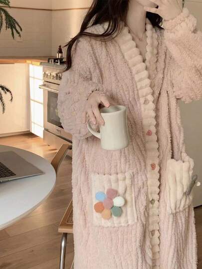 Women's Thick Fleece Bathrobe & Sleepwear Set, Autumn/Winter/Spring Women's Warm Winter Robe, Cute Sleepwear, Long Sleeve Bathrobe, Sleepwear,Bathrobe Women, Bathrobe, Bathrobes For Women, Festival Gift, Best For Family
