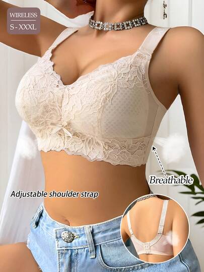1pc Skin-Tone Lace Women's Wireless Bra, Lightweight Breathable Quick-Dry Lift & Support, Adjustable 4-Hook Closure, Comfortable Full Coverage Sexy Bridal Lingerie