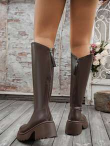 秋冬季V领粗跟弹力中筒女靴 - 棕色 - 查看 6