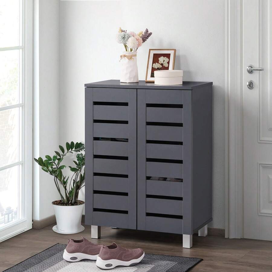 2 Door Shoe Storage Cabinet Dark Grey Wooden Rack Stand Cupboard 4 Tier Euston - Grey - View 1